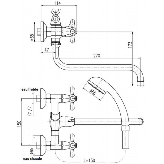 Miscelatore vasca a parete MORAVA cromato con doccetta