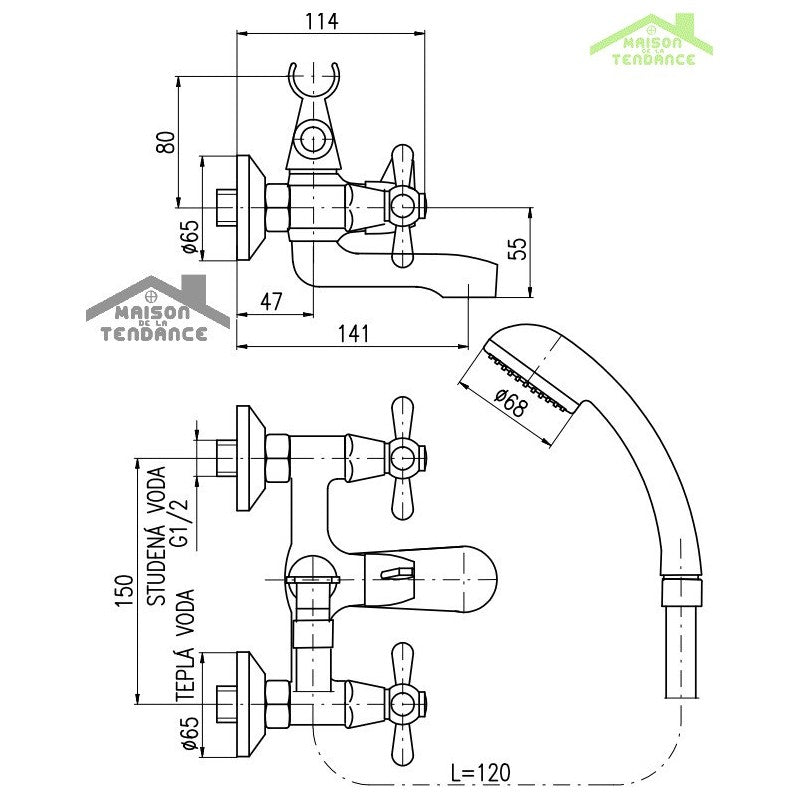 MORAVA miscelatore vasca a parete in ottone con doccetta