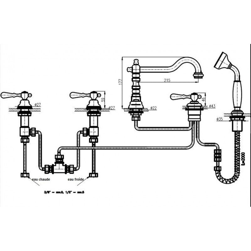 ROMANTIC Miscelatore per vasca retrò a 5 fori con manico in cristallo