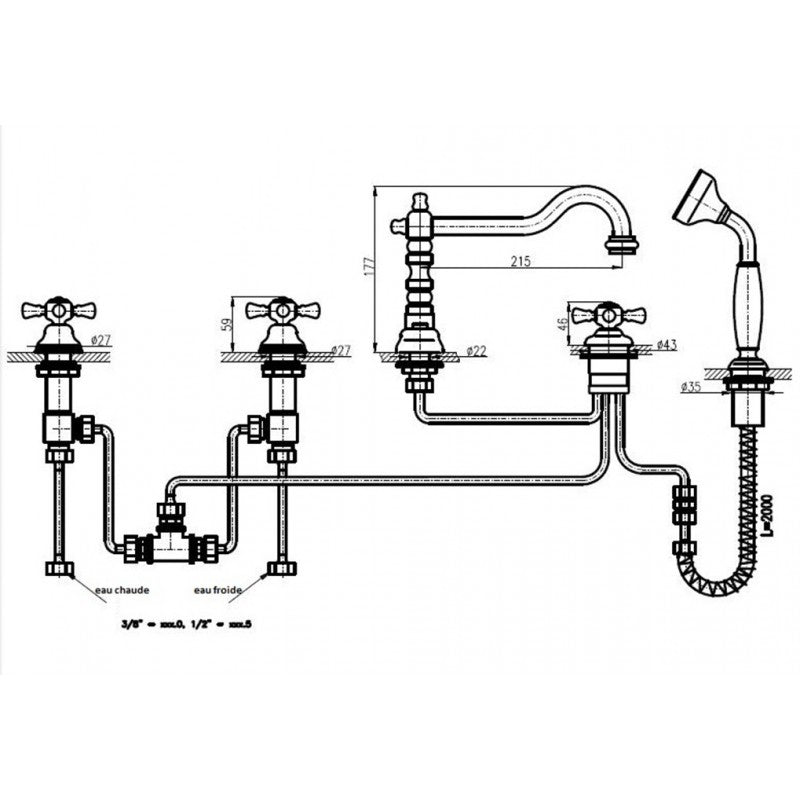 Miscelatore retrò per vasca retrò a 5 fori CLASSIC con bocca lunga e cristallo