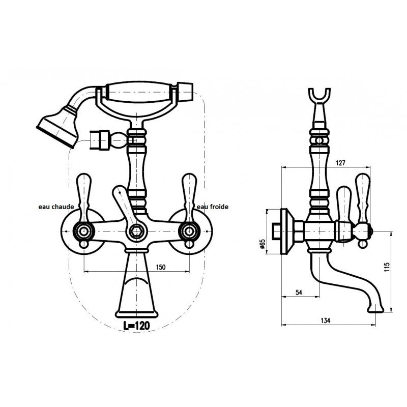 Miscelatore per vasca da bagno retrò con doccetta ROMANTICO manico in cristallo