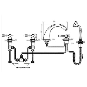 ROMANTIC Miscelatore retrò per vasca da bagno con manico in cristallo a 5 fori