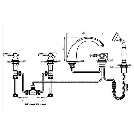 ROMANTIC Miscelatore retrò per vasca da bagno con manico in cristallo a 5 fori