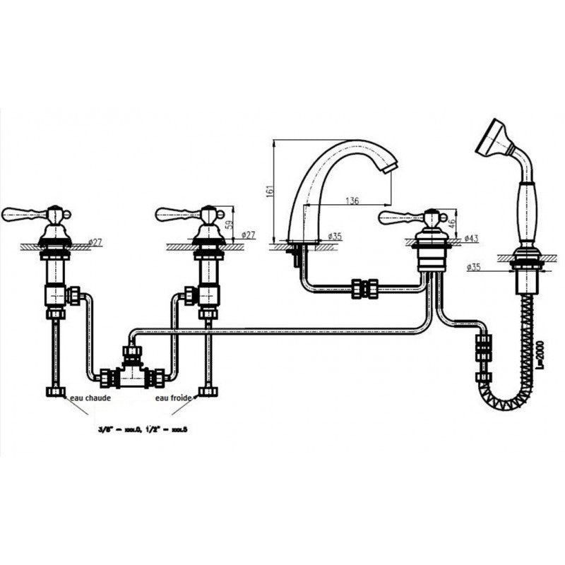 ROMANTIC Miscelatore Vasca Retrò 5 Fori in Ottone