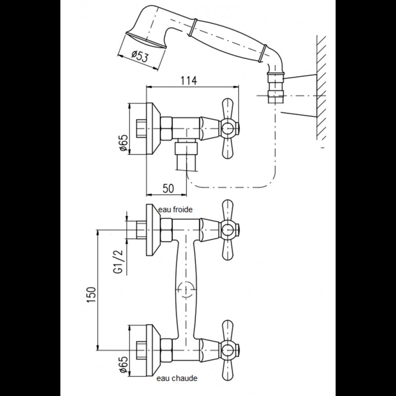 MORAVA Miscelatore Doccia Retrò a Parete in Ottone Bronzo con Doccetta
