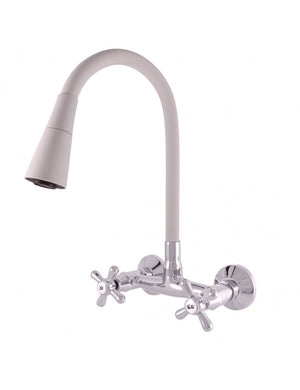 MORAVA RETRO Miscelatore per lavello con memoria da parete flessibile bianco in cromo