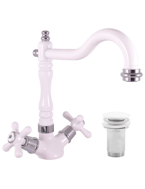 Miscelatore lavabo MORAVA RETRO in ottone cromato bianco lucido con pop up