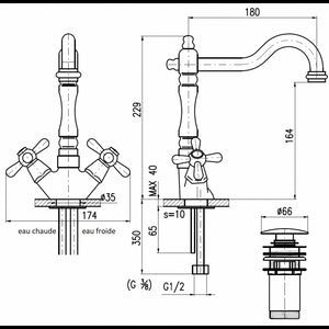 Miscelatore lavabo MORAVA RETRO in ottone cromato bianco lucido con pop up