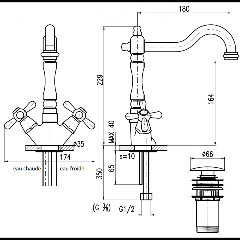 Miscelatore lavabo MORAVA RETRO in ottone cromato bianco lucido con pop up