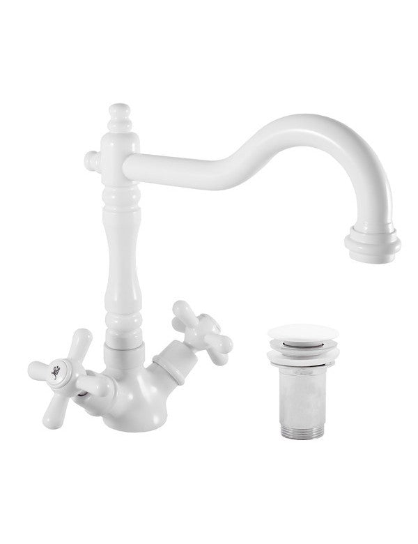 MORAVA RETRO miscelatore lavabo girevole ottone bianco opaco con sifone