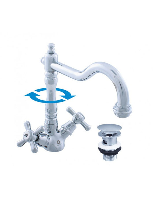 MORAVA RETRO miscelatore lavabo girevole in cromo con sifone