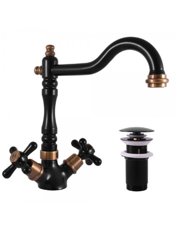 Miscelatore lavabo girevole MORAVA RETRO in ottone nero opaco con pop up