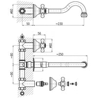 MORAVA Miscelatore lavabo a parete a 3 fori retrò in ottone bronzo