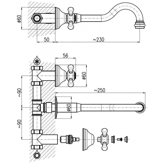 MORAVA Miscelatore lavabo retrò a parete a 3 fori in ottone cromato