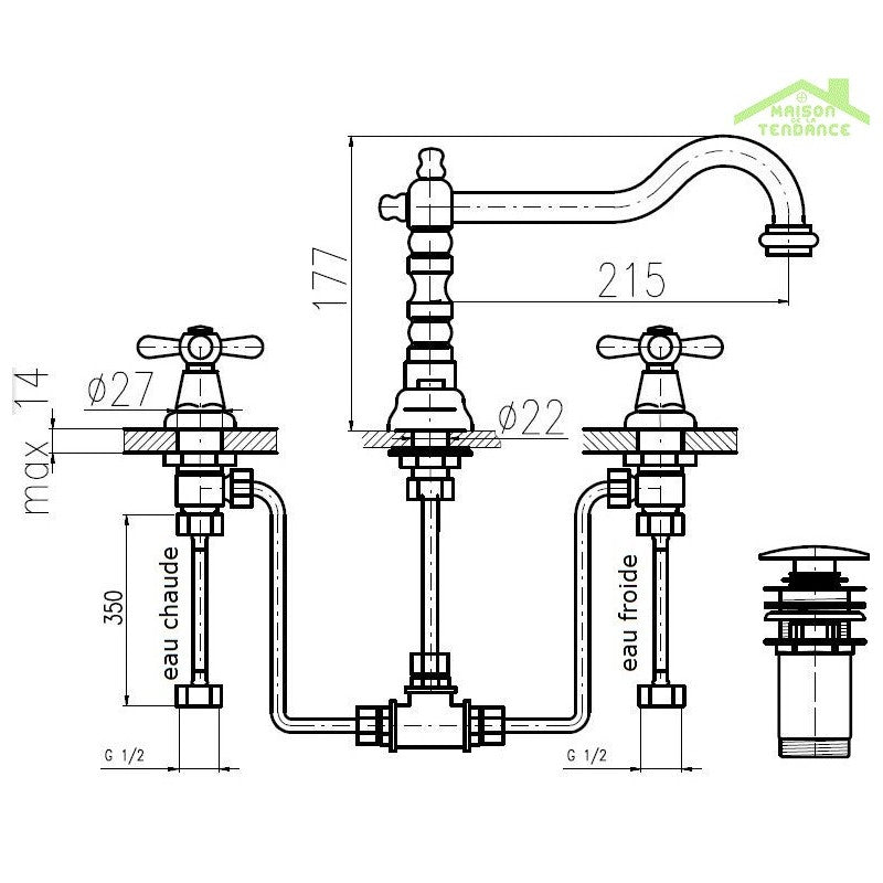 MORAVA Miscelatore Lavabo Retro a 3 Fori con in Cromo Oro