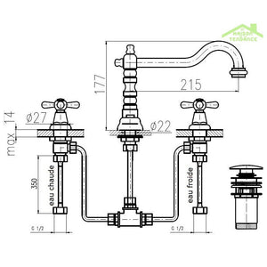 MORAVA Miscelatore Lavabo Retro a 3 Fori con in Cromo Oro
