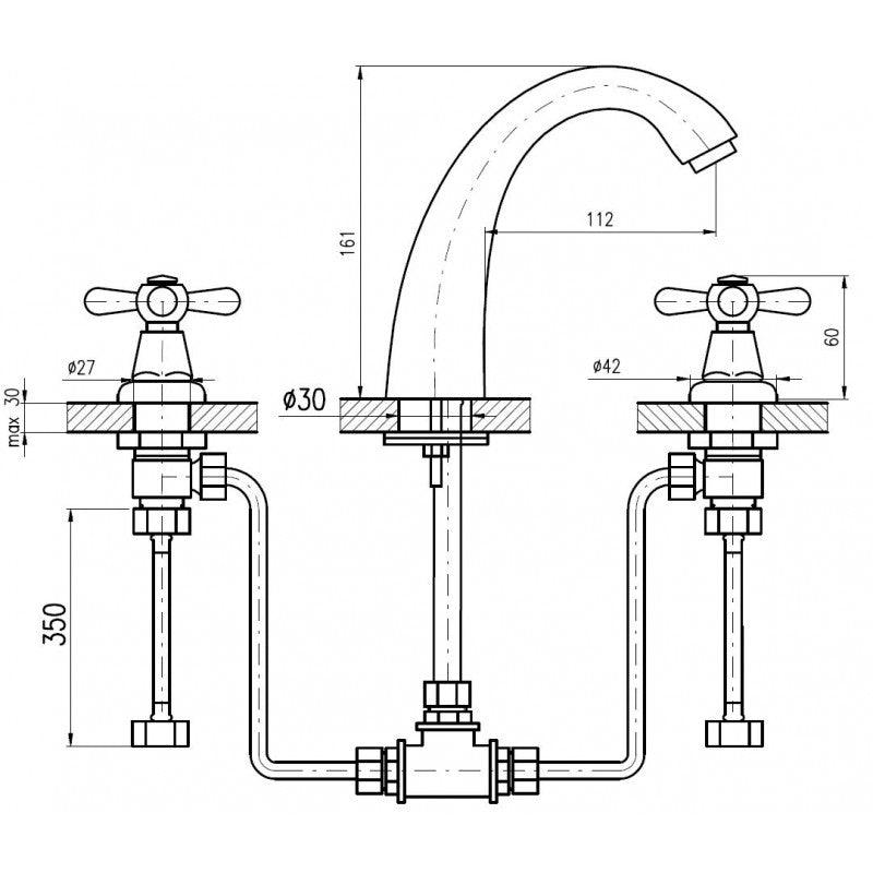 MORAVA miscelatore lavabo retrò a 3 fori in ottone cromato con