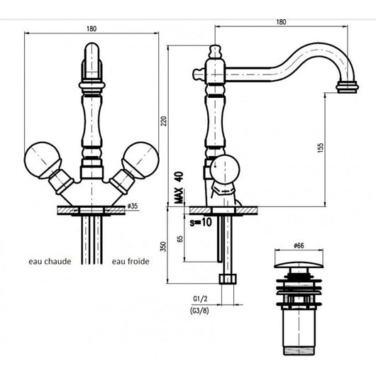 Miscelatore lavabo retrò BRILLANCE con manico in cristallo