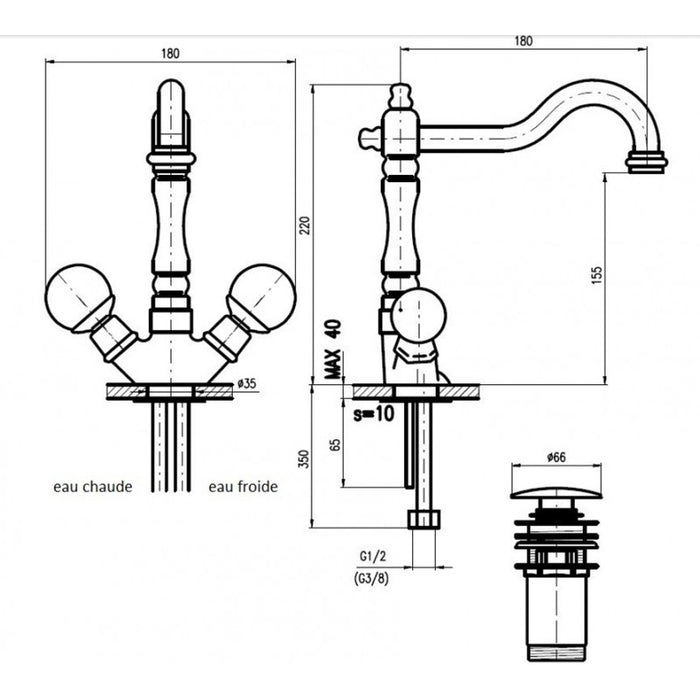 Miscelatore lavabo retrò BRILLANCE con manico in cristallo