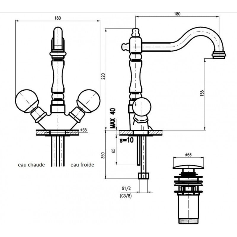 Miscelatore lavabo retrò BRILLANCE con manico in cristallo