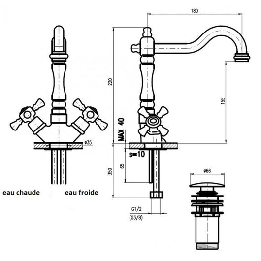 CLASSIC Miscelatore per lavabo retrò in cristallo con pop-up