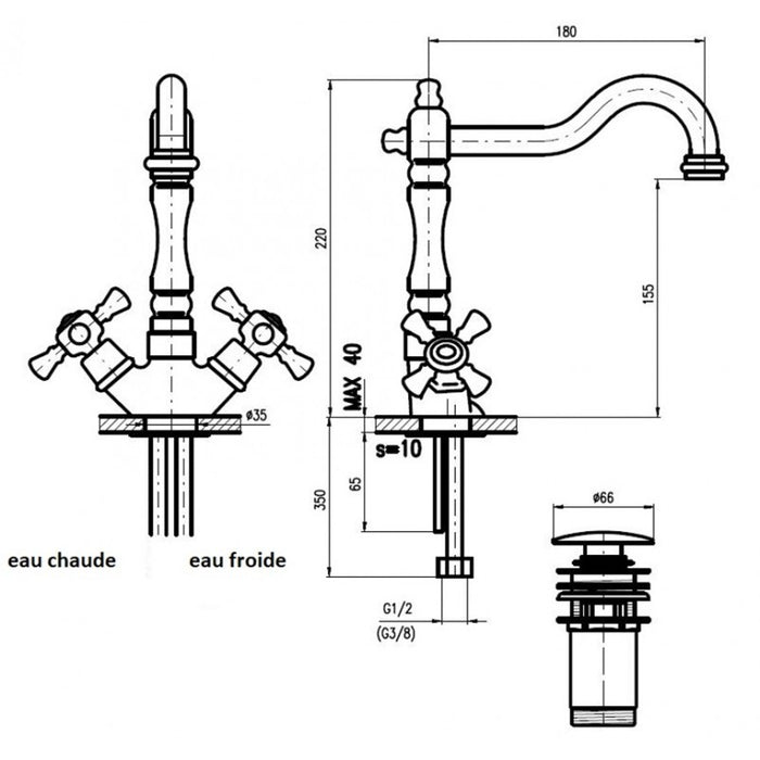 CLASSIC Miscelatore per lavabo retrò in cristallo con pop-up
