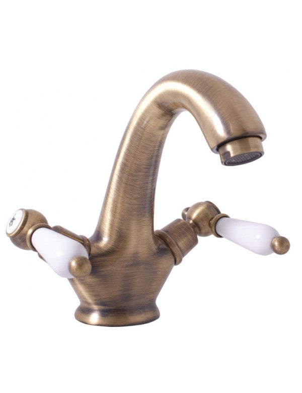 Miscelatore lavabo retrò MORAVA in ottone e maniglia in ceramica senza pop up