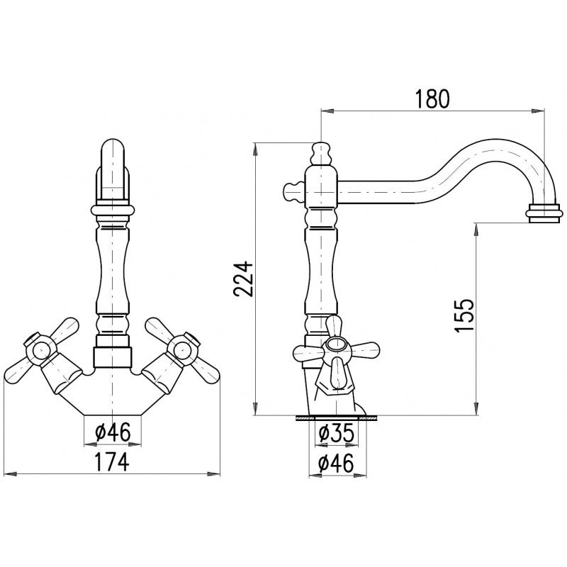 MORAVA Miscelatore per lavello girevole retrò in bronzo con manico in ceramica