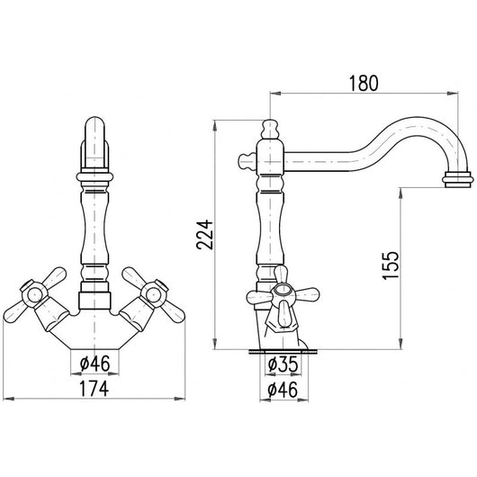 MORAVA Miscelatore per lavello girevole retrò in bronzo con manico in ceramica