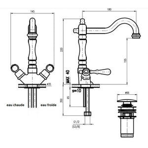 ROMANTIC miscelatore lavabo retrò con maniglia in cristallo con sifone