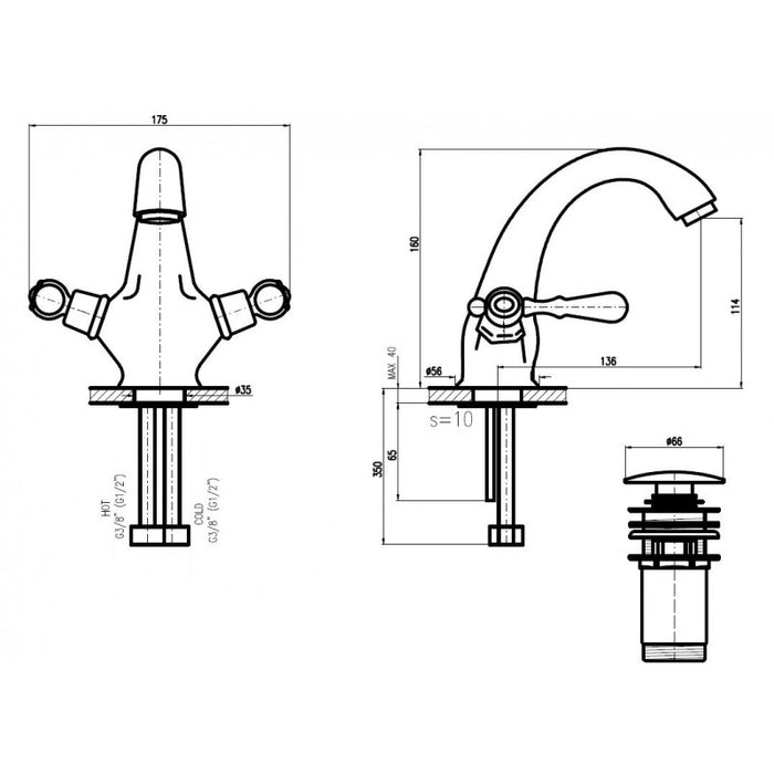 Miscelatore lavabo ROMANTIC con maniglia in cristallo e sifone