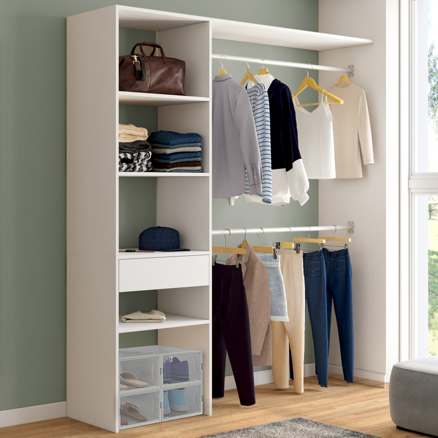 IDMarket - MELINE 160 x 40 x 180 cm set spogliatoio bianco con mensole + cassetto + armadio doppio