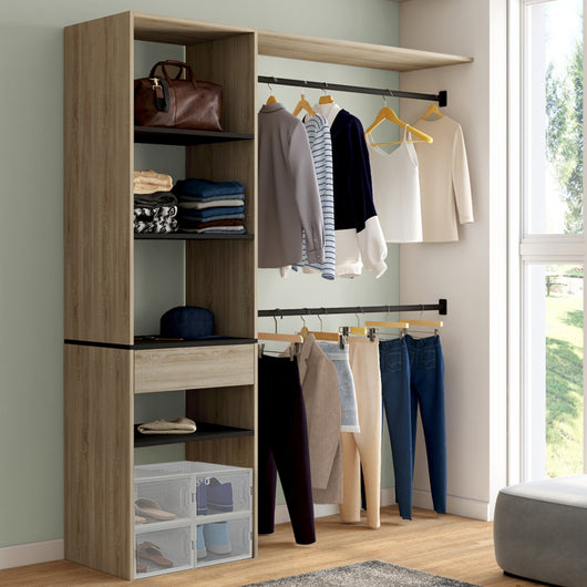 IDMarket - MELINE 160 x 40 x 180 cm set spogliatoio in faggio con ripiani neri + cassetto + armadio doppio