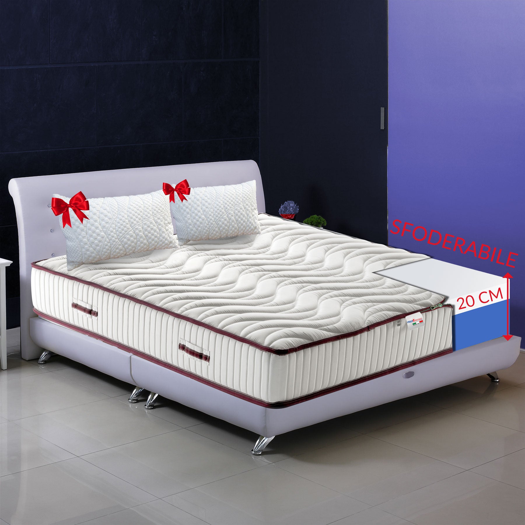 Materasso Memory Nature H20 cm piazza e mezza 145x195 cm, materasso SFODERABILE ORTOPEDICO con Memory + CUSCINI e tessuto anallergico. MATERASSO DETRAIBILE