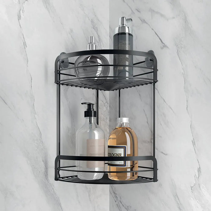 Mensola angolare portaoggetti per doccia in acciaio nero con 2 ripiani alti