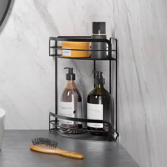 Mensola angolare portaoggetti per doccia in acciaio nero con 2 ripiani alti