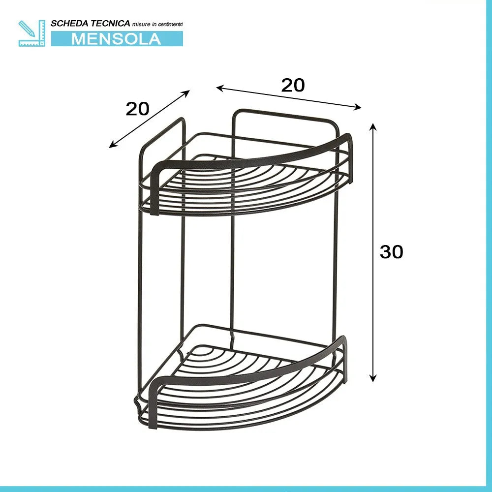 Mensola angolare portaoggetti per doccia in acciaio nero con 2 ripiani alti