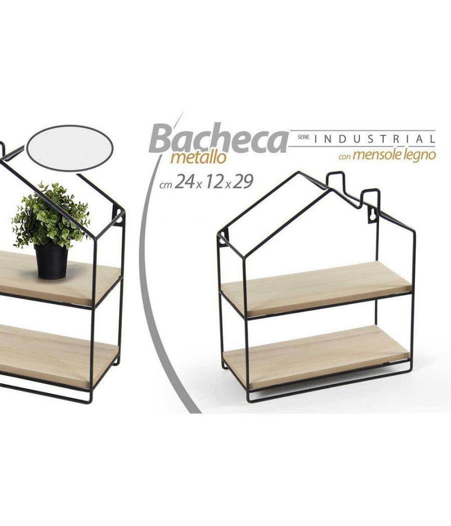 Mensola Bacheca Parete Casetta Metallo 24x12x29cm Nero 2 Ripiani In Legno 818707         