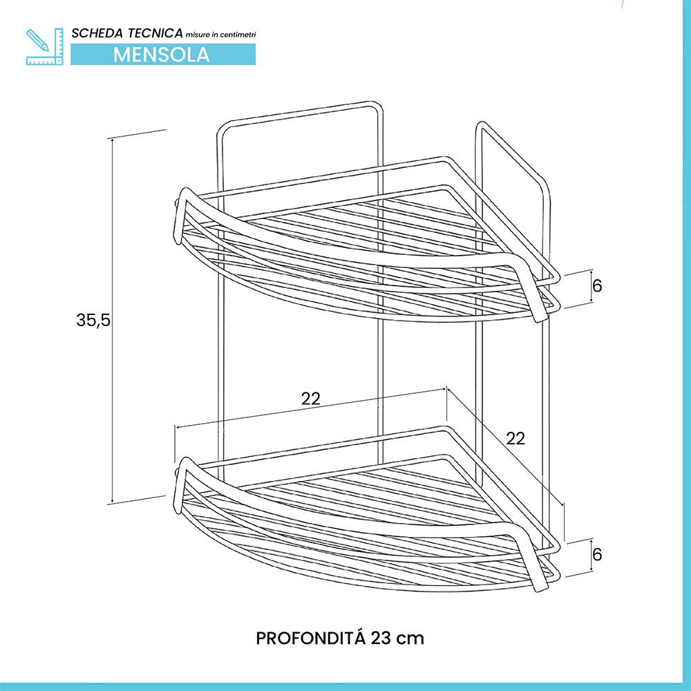 Mensola doccia ad angolo in acciaio cromato con due ripiani