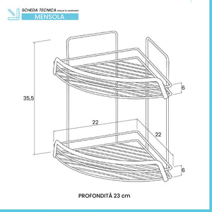 Mensola doccia ad angolo in acciaio cromato con due ripiani