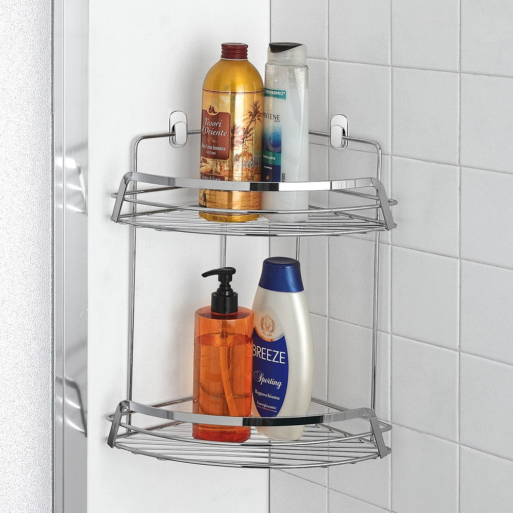 Mensola doccia ad angolo in acciaio cromato con due ripiani