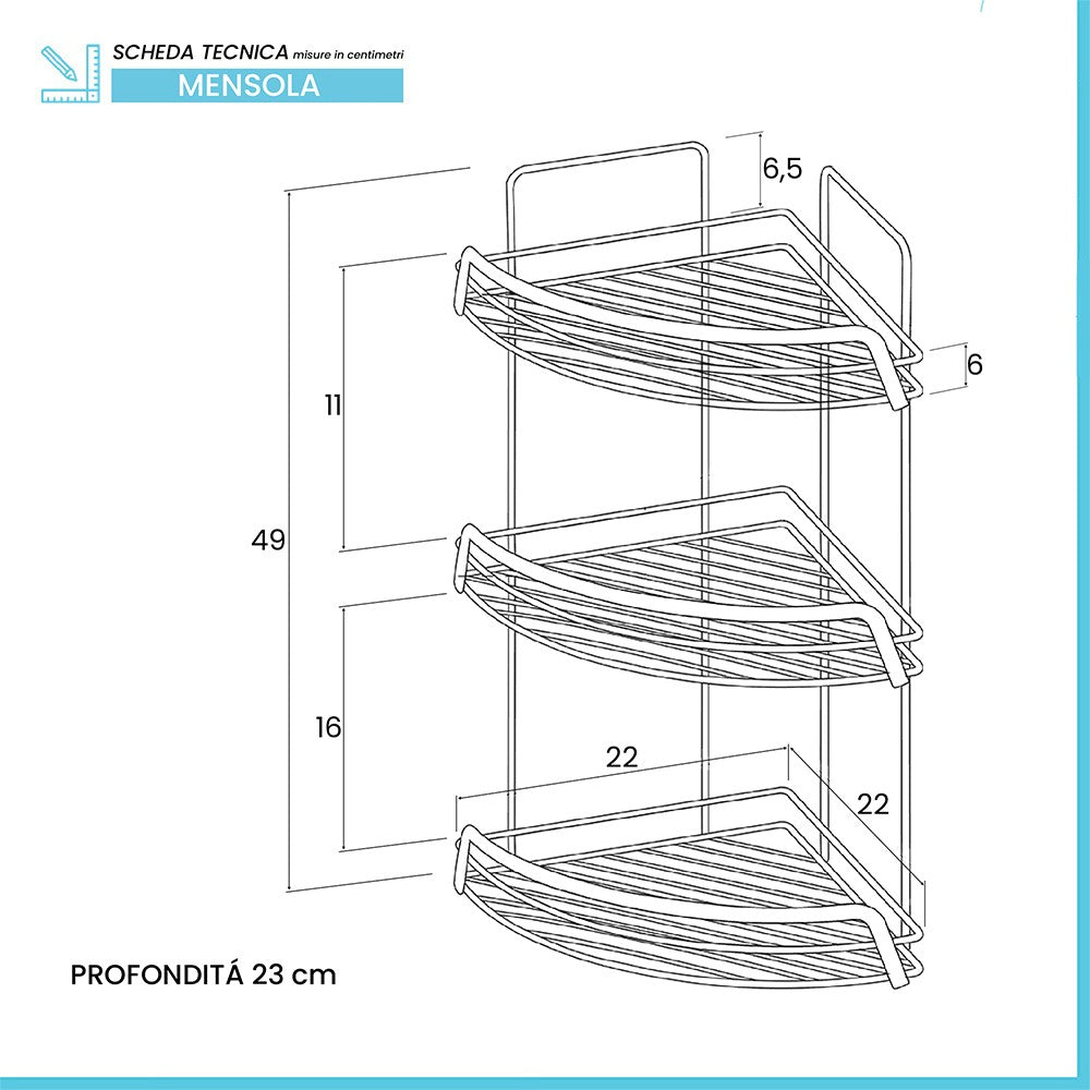 Mensola doccia angolare cromata con tre ripiani portaoggetti