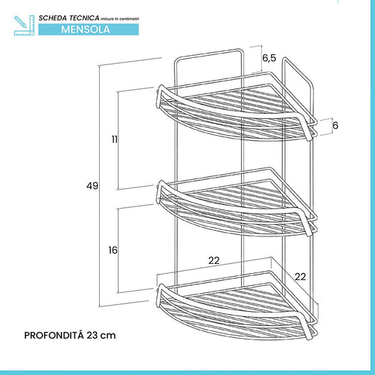 Mensola doccia angolare cromata con tre ripiani portaoggetti