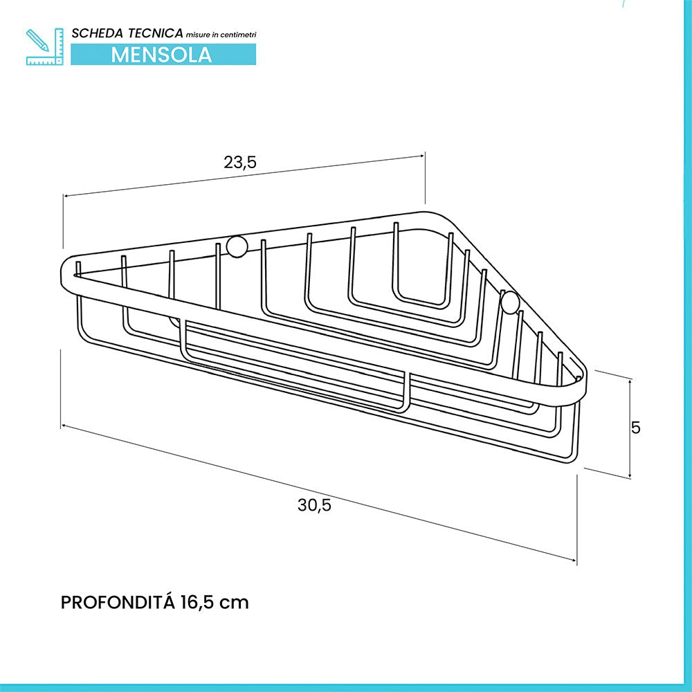 Mensola doccia angolare in acciaio nero opaco con fissaggio a parete