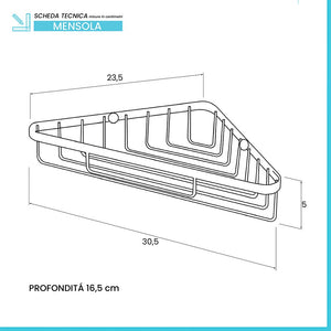 Mensola doccia angolare in acciaio nero opaco con fissaggio a parete