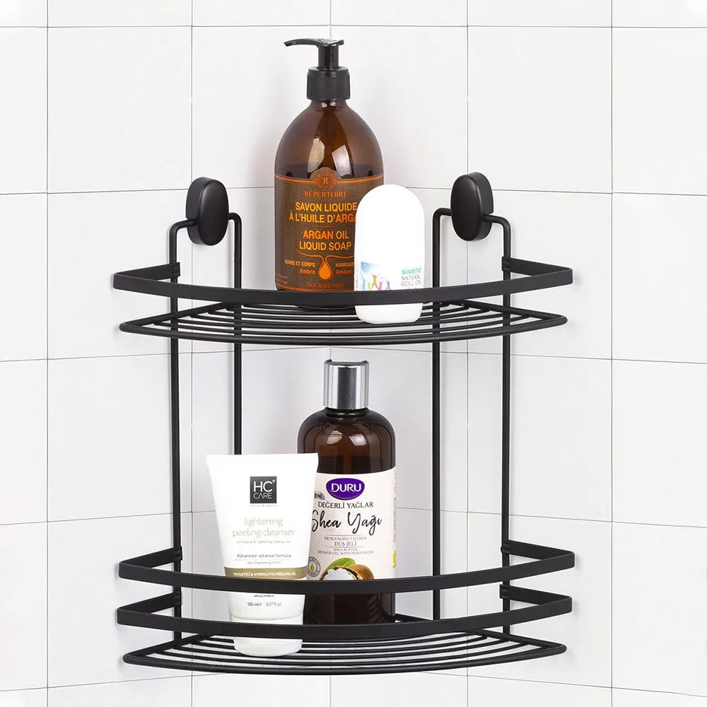 Mensola doccia angolare nero con 2 ripiani e ganci a parete inclusi