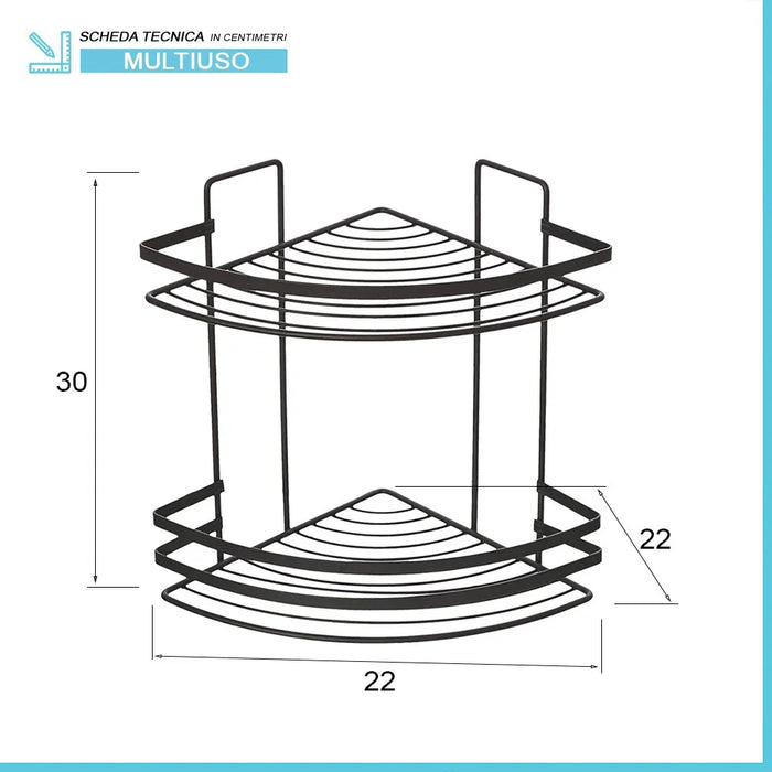 Mensola doccia angolare nero con 2 ripiani e ganci a parete inclusi