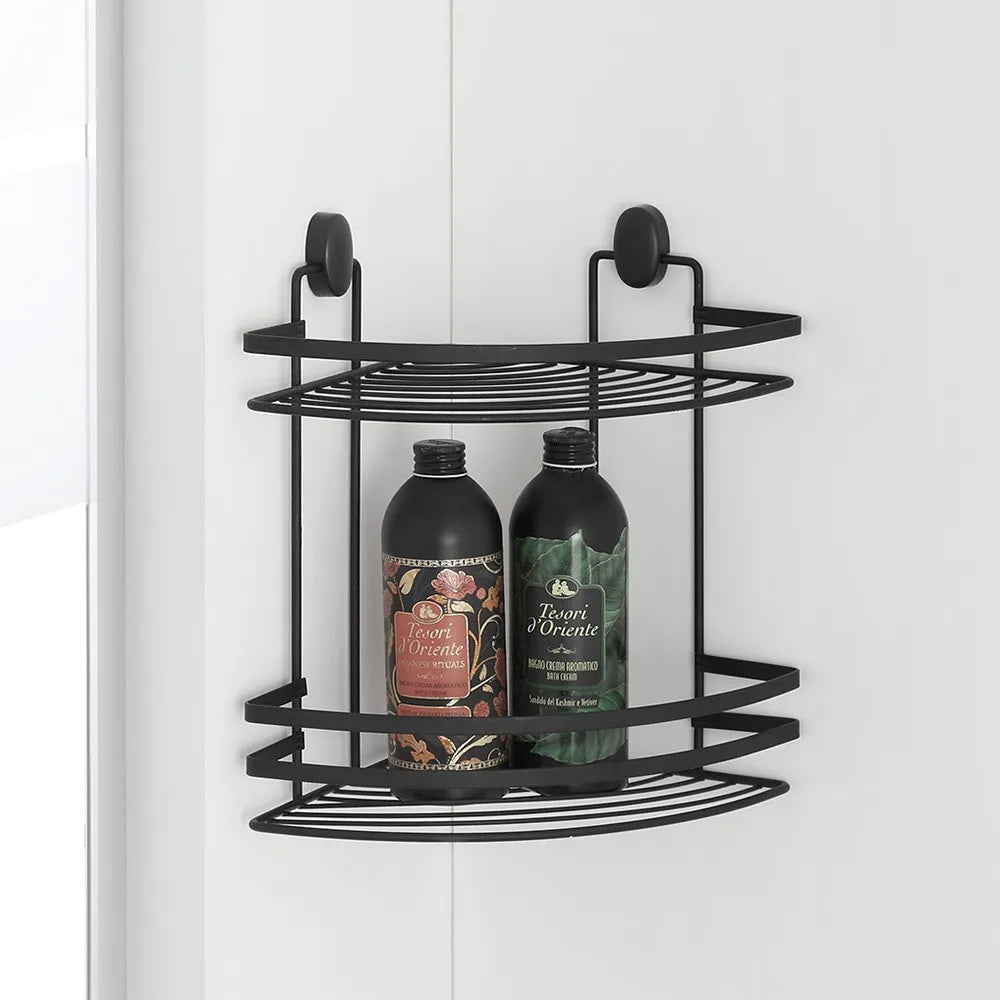 Mensola doccia angolare nero con 2 ripiani e ganci a parete inclusi