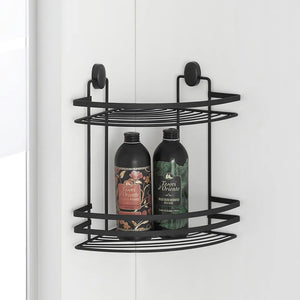 Mensola doccia angolare nero con 2 ripiani e ganci a parete inclusi