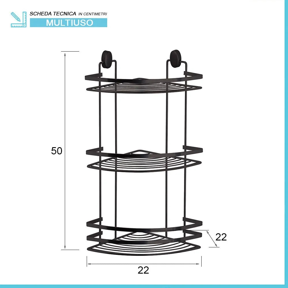 Mensola doccia angolare nero con 3 ripiani e ganci a parete inclusi